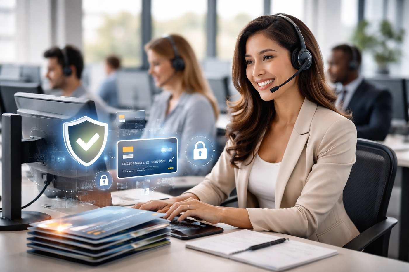 Modern contact center environment with credit card payment context, illustrating IVR payments as part of an omnichannel payment strategy