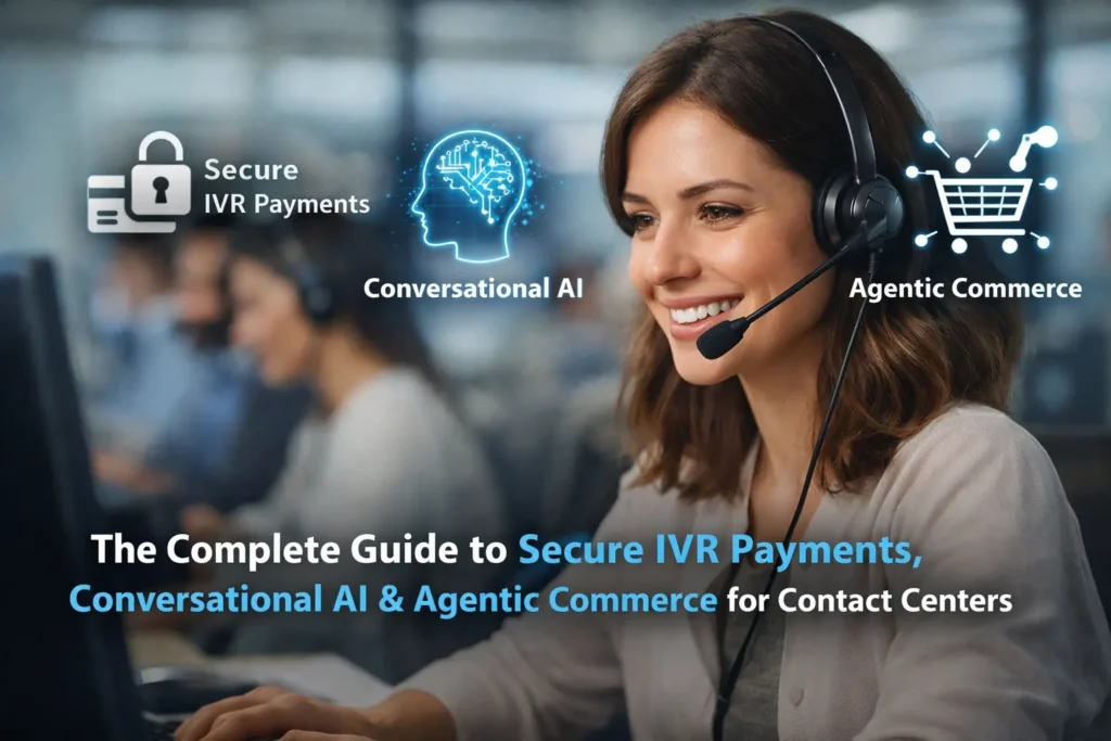 Professional contact center environment illustrating secure IVR payments, conversational AI and agentic commerce for telephone payment operations.