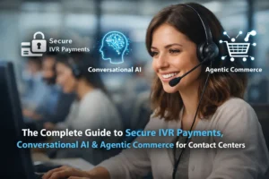 Professional contact center environment illustrating secure IVR payments, conversational AI and agentic commerce for telephone payment operations.