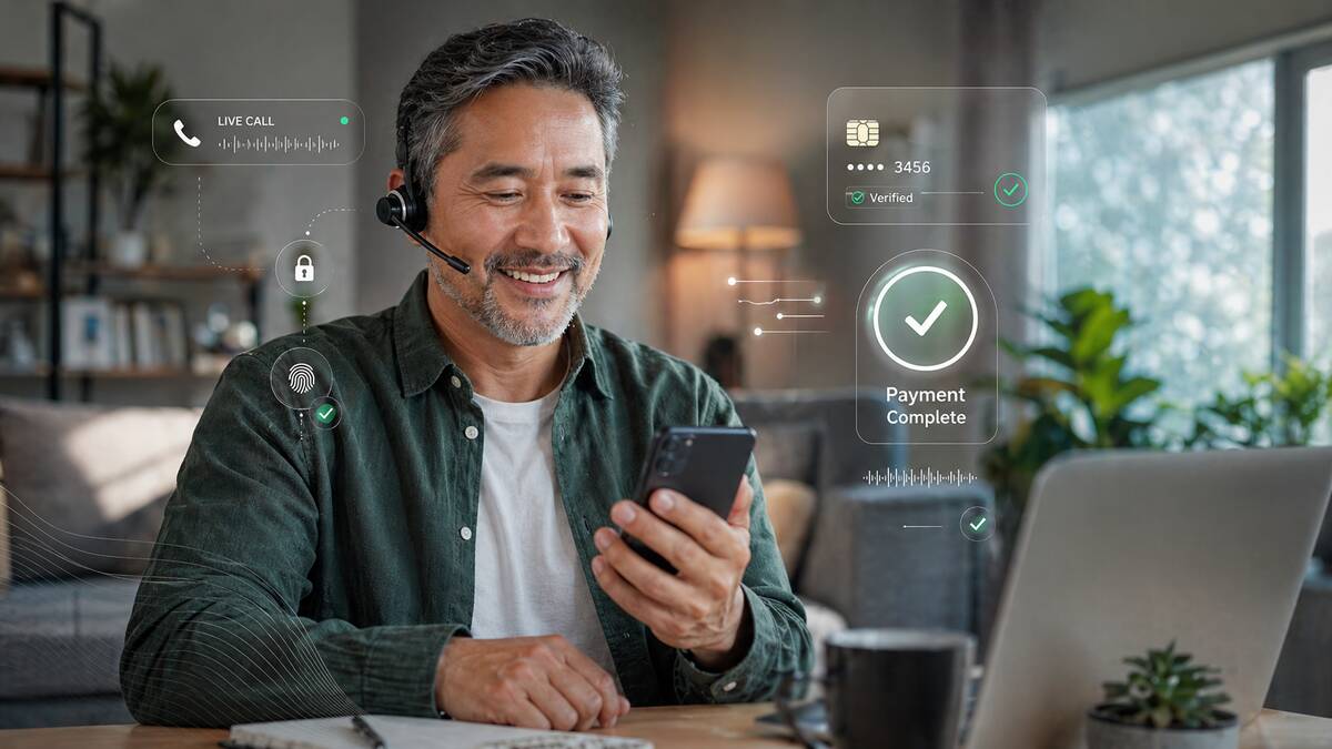 Customer completing a secure voice payment with PBC 3DS during an active phone call