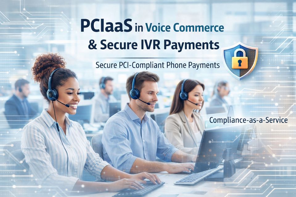 Imagen de un contact center moderno con agentes reales y mensaje Compliance-as-a-Service para ilustrar PCIaaS en Voice Commerce y Secure IVR Payments.