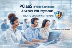 Modern contact centre image with real agents and the phrase Compliance-as-a-Service, illustrating PCIaaS in Voice Commerce and Secure IVR Payments.