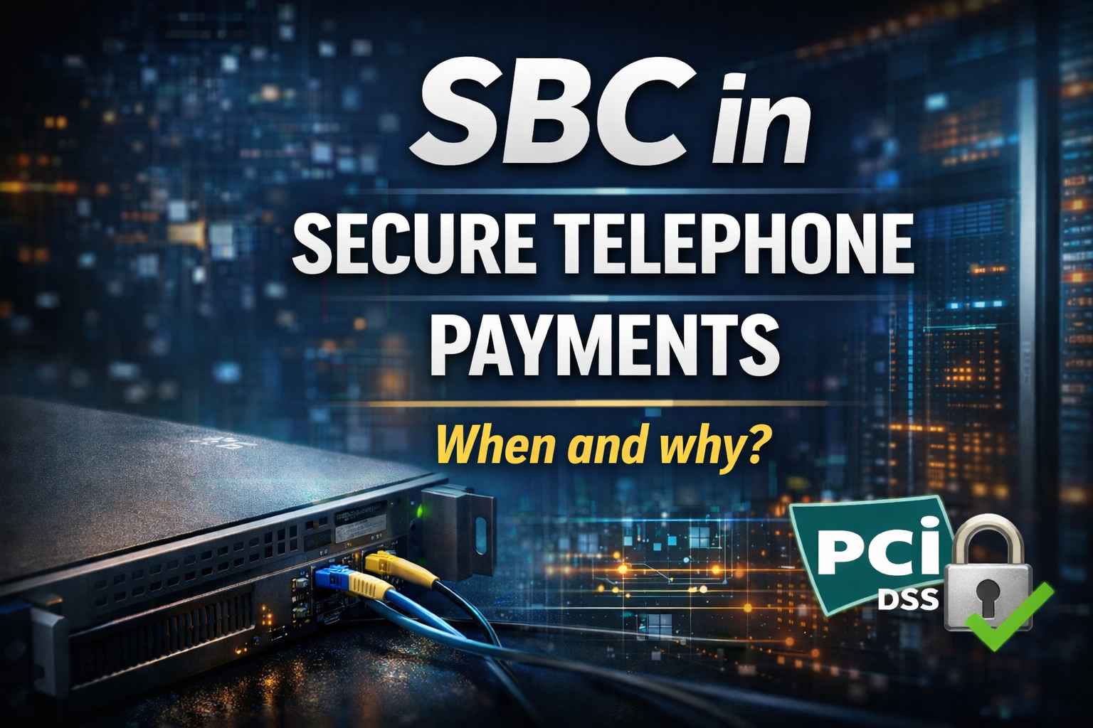 Video thumbnail about SBC in secure telephone payments, featuring a network device, a technology background, and PCI DSS compliance reference.