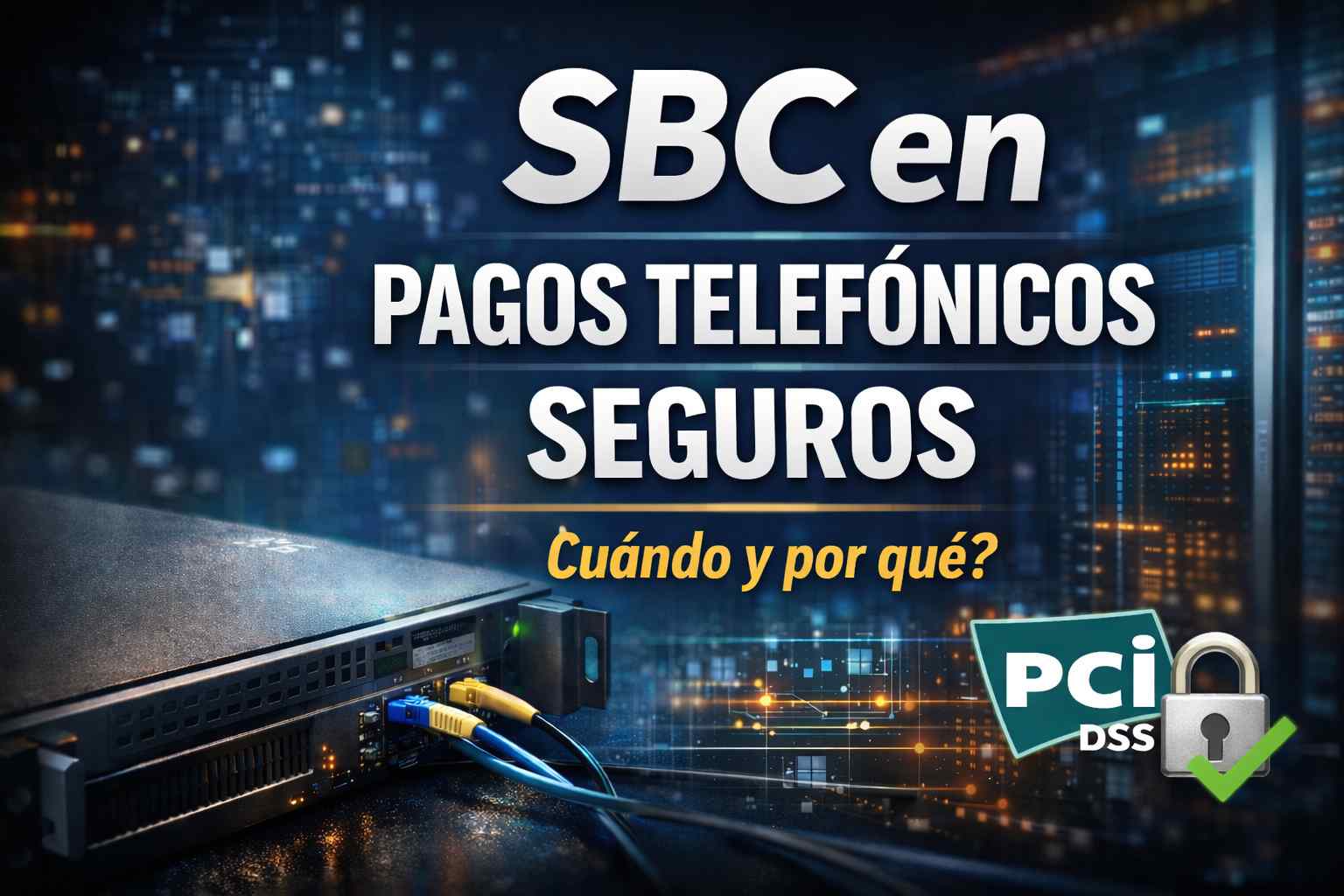 Miniatura de vídeo sobre SBC en pagos telefónicos seguros, con un equipo de red conectado, fondo tecnológico y el texto “¿SBC en pagos telefónicos seguros? ¿Cuándo y por qué?” junto al icono de PCI DSS.
