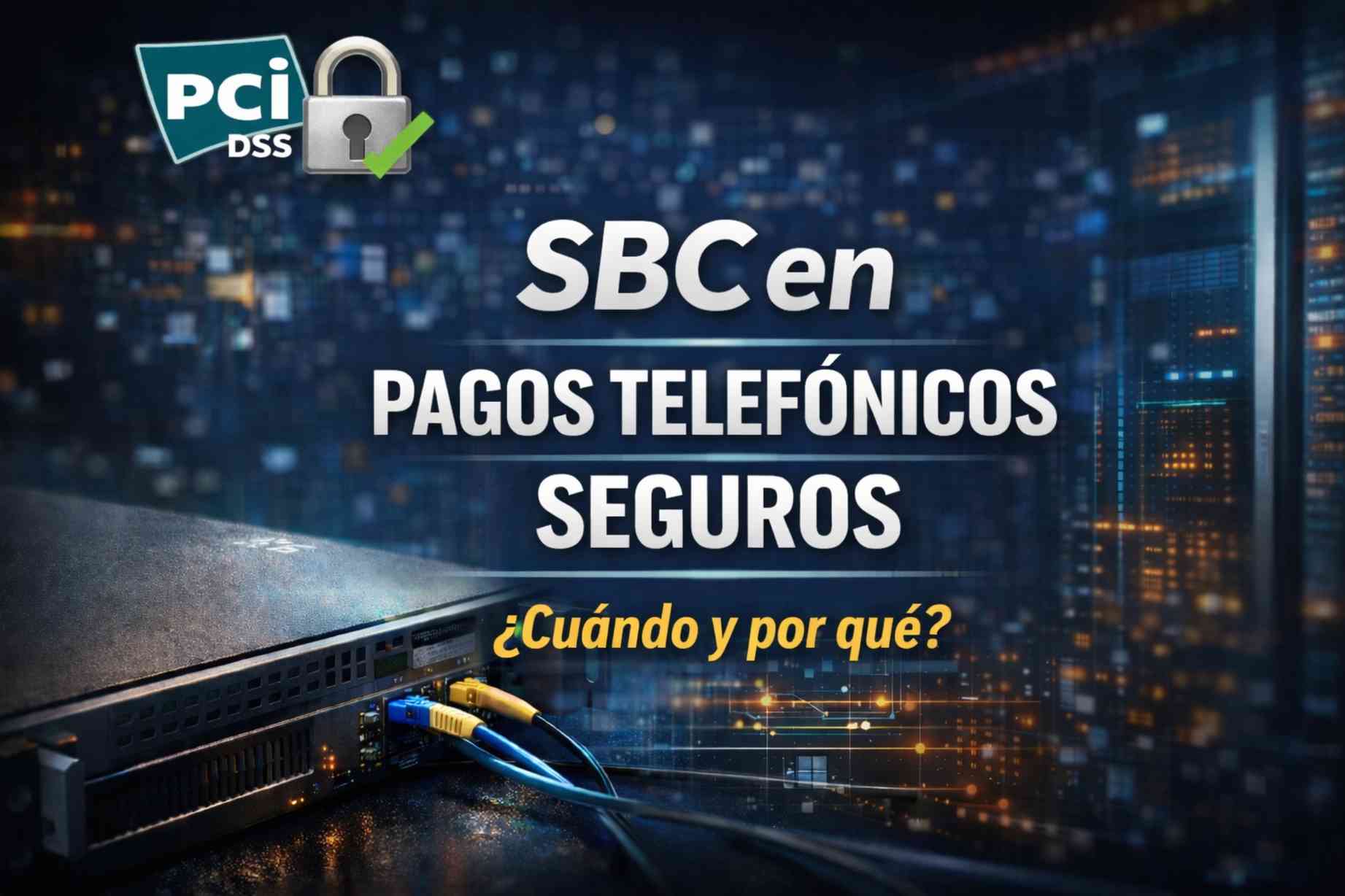 Video thumbnail about SBC in secure telephone payments, featuring a network device, a technology background, and PCI DSS compliance reference.