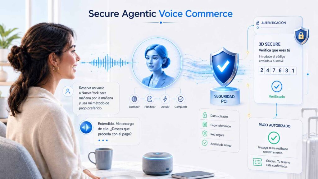 Ilustración conceptual de Secure Agentic Voice Commerce con IA conversacional, PCIaaS, PBC 3DS y autenticación 3D Secure en el canal voz.