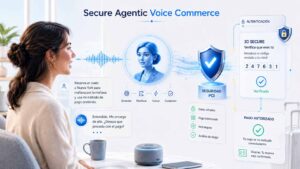 Ilustración conceptual de Secure Agentic Voice Commerce con IA conversacional, PCIaaS, PBC 3DS y autenticación 3D Secure en el canal voz.