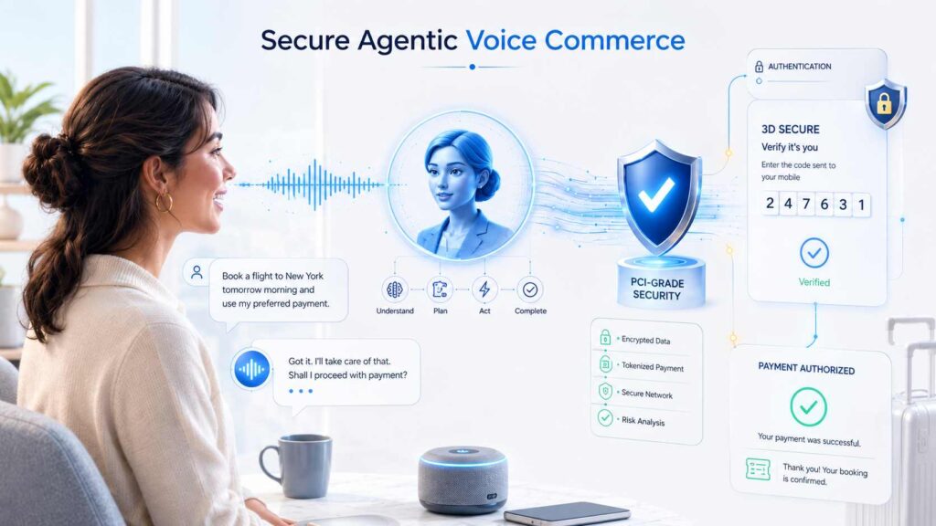 Conceptual illustration of Secure Agentic Voice Commerce with conversational AI, PCIaaS, PBC 3DS and native 3D Secure authentication in the voice channel.