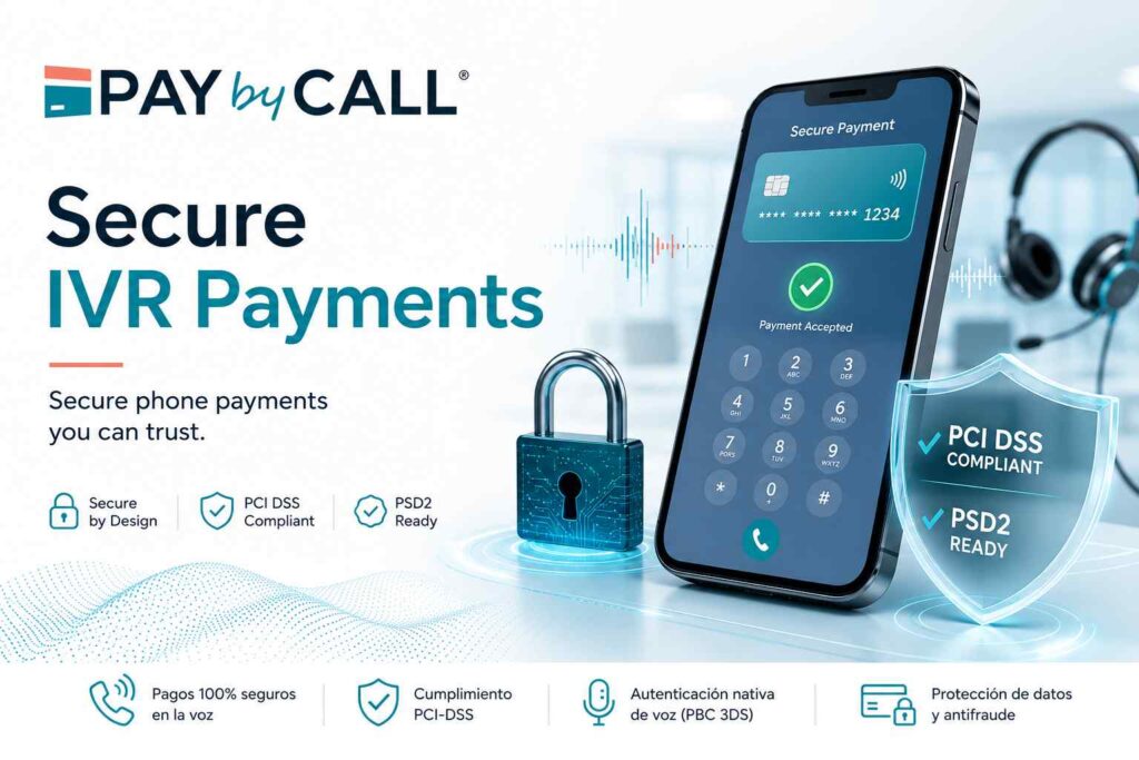 Ilustración de pagos telefónicos seguros con IVR mostrando smartphone, candado digital y logo de Pay by Call