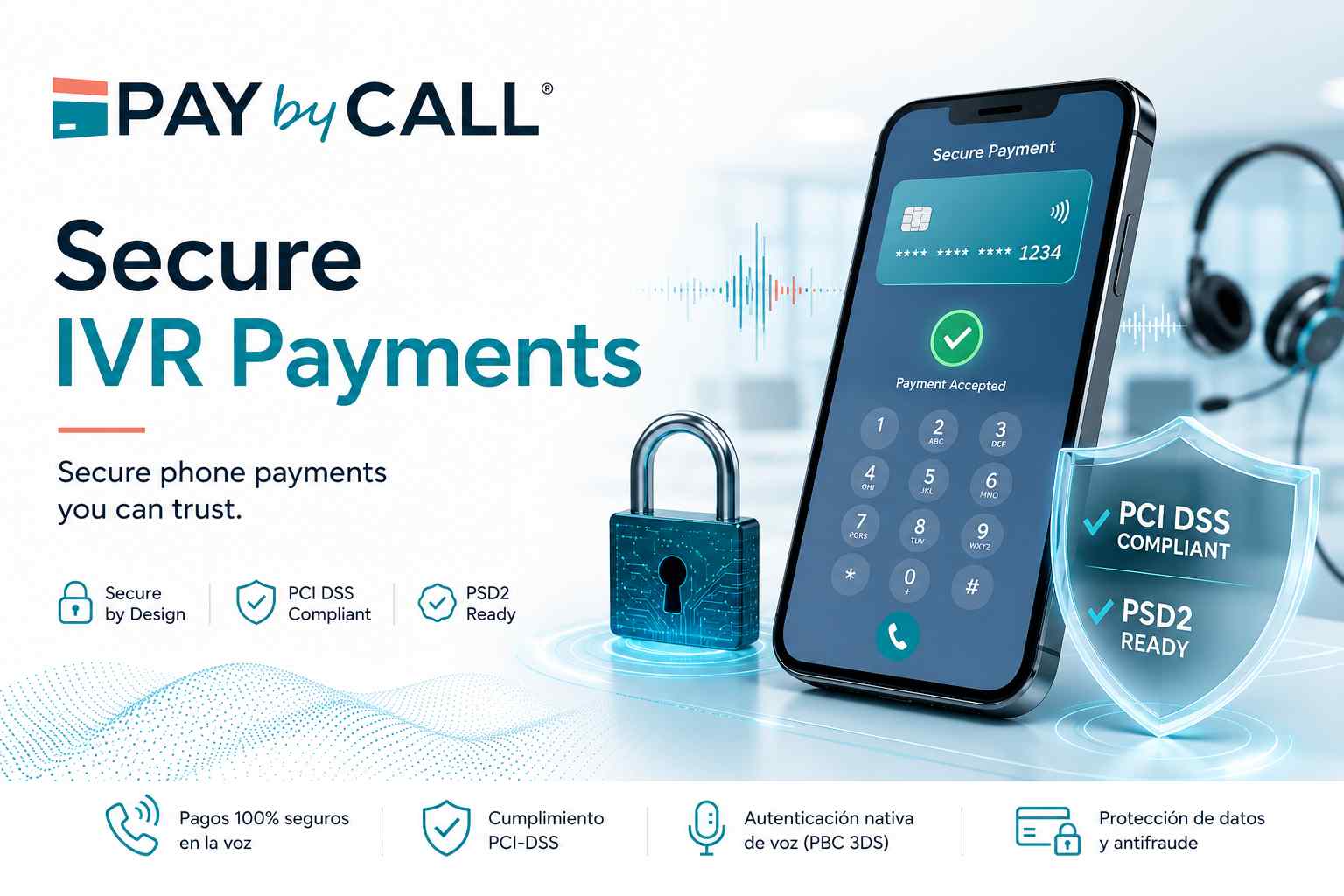 Ilustración de pagos telefónicos seguros con IVR mostrando smartphone, candado digital y logo de Pay by Call