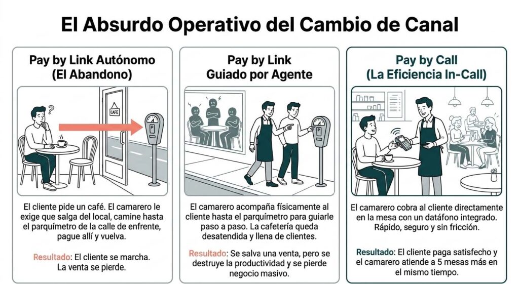 Infografía comparativa sobre el absurdo operativo de cambiar de canal en pagos remotos, mostrando Pay by Link autónomo, Pay by Link guiado por agente y Pay by Call como solución eficiente dentro de la llamada.
