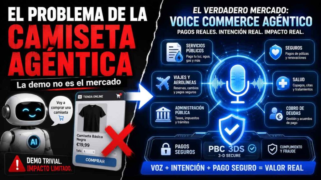 Miniatura sobre el problema de la camiseta agéntica frente al verdadero mercado del Voice Commerce agéntico, con pagos seguros, PBC 3DS y autenticación en voz.