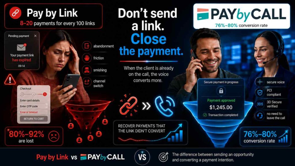 Pay by Link vs Pay by Call comparison showing failed payment links, abandonment and smishing risks on one side, and secure voice payments with PCI compliance, 3D Secure verification and higher conversion on the other.