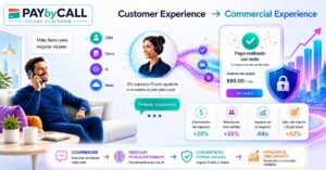 Infografía de Pay by Call que muestra la evolución de Customer Experience hacia Commercial Experience mediante pagos telefónicos seguros, IA conversacional y PBC 3DS.