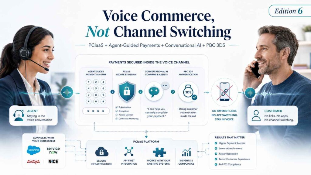 Illustration of secure Voice Commerce in a contact center, showing an agent-guided payment journey with PCIaaS, DTMF masking, conversational AI and PBC 3DS authentication without channel switching.