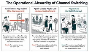 Infographic comparing Autonomous Pay by Link, Agent-Guided Pay by Link and Pay by Call through a café analogy, showing how channel switching creates abandonment and inefficiency while in-call payment improves conversion and productivity.
