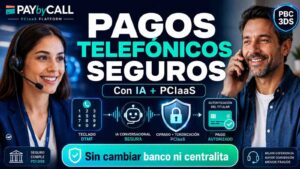 Ilustración de Secure Voice Commerce en un contact center, mostrando un pago guiado por agente con PCIaaS, DTMF masking, IA conversacional y autenticación PBC 3DS sin cambio de canal.