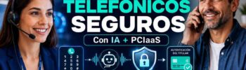 Ilustración de Secure Voice Commerce en un contact center, mostrando un pago guiado por agente con PCIaaS, DTMF masking, IA conversacional y autenticación PBC 3DS sin cambio de canal.