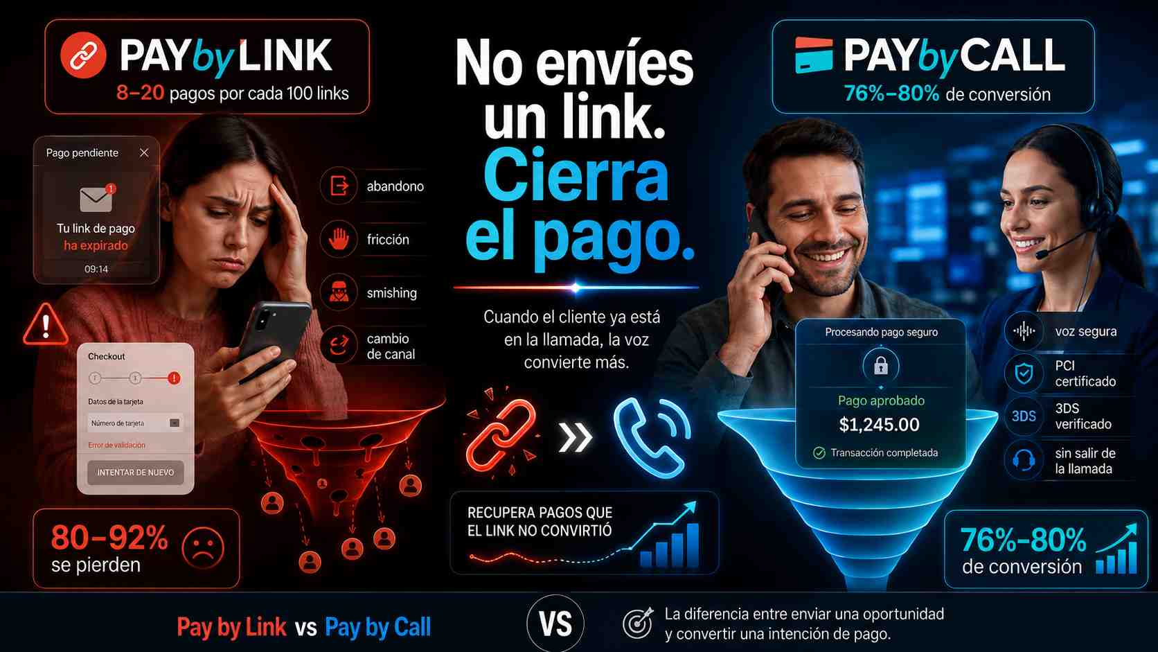 Comparativa visual entre Pay by Link y Pay by Call: los enlaces de pago generan abandono, fricción y caducidad, mientras Pay by Call permite cerrar pagos telefónicos seguros con PCI y 3D Secure sin salir de la llamada