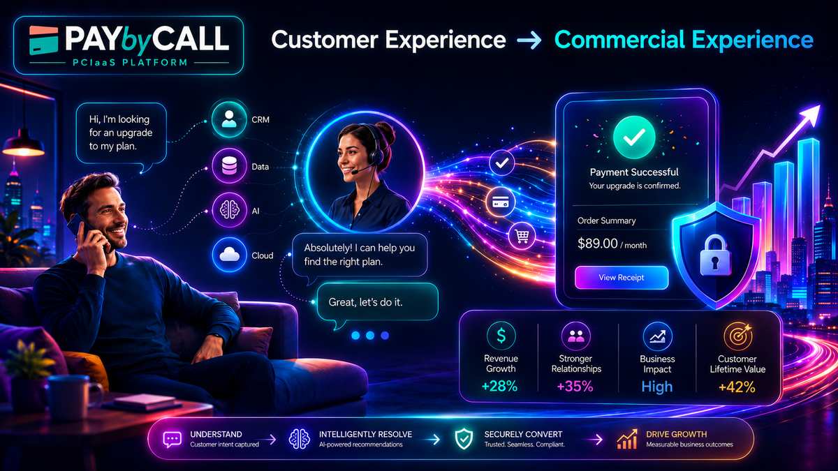 Futuristic Pay by Call infographic showing the evolution from Customer Experience to Commercial Experience through secure conversational payments, PCIaaS, AI and PBC 3DS.