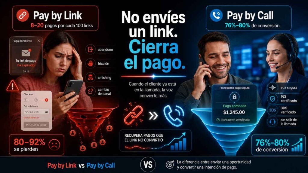 Comparativa visual entre Pay by Link y Pay by Call: los enlaces de pago generan abandono, fricción y caducidad, mientras Pay by Call permite cerrar pagos telefónicos seguros con PCI y 3D Secure sin salir de la llamada.