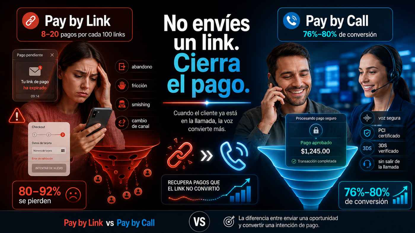 Comparativa visual entre Pay by Link y Pay by Call: los enlaces de pago generan abandono, fricción y caducidad, mientras Pay by Call permite cerrar pagos telefónicos seguros con PCI y 3D Secure sin salir de la llamada.
