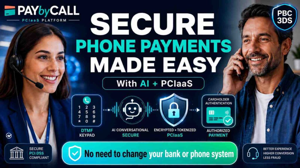 Illustration of secure Voice Commerce in a contact center, showing an agent-guided payment journey with PCIaaS, DTMF masking, conversational AI and PBC 3DS authentication without channel switching.