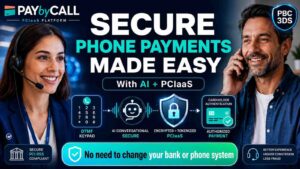 Illustration of secure Voice Commerce in a contact center, showing an agent-guided payment journey with PCIaaS, DTMF masking, conversational AI and PBC 3DS authentication without channel switching.