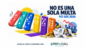 Fichas de dominó de colores ilustran el efecto en cadena de las sanciones por incumplir PCI DSS en 2026, junto al logotipo de Pay by Call.