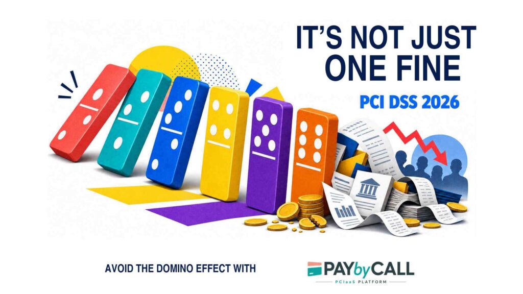 Colourful domino tiles illustrating the cascading financial and operational consequences of PCI DSS non-compliance in 2026.