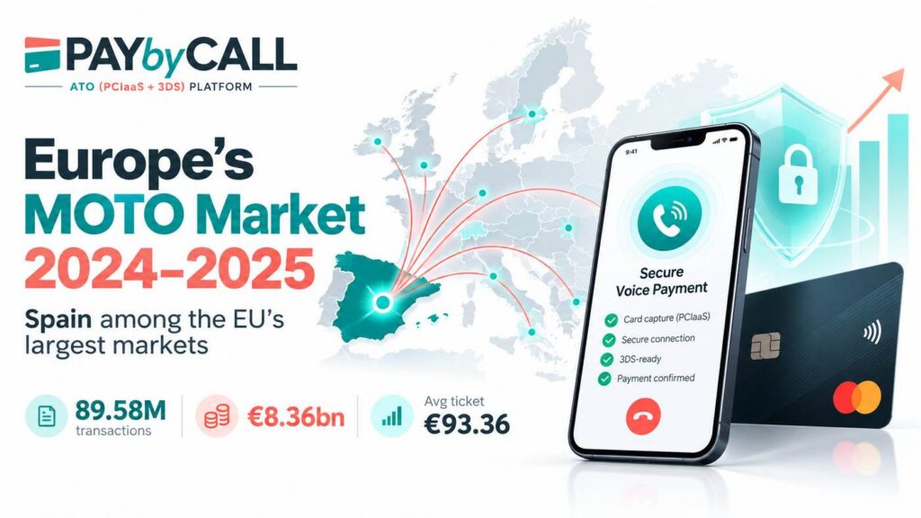 Mercado MOTO en España 2024–2025 con 89,58 millones de operaciones, 8.360 millones de euros y ticket medio de 93,36 €, ilustrado por Pay by Call.