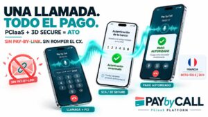 Pago telefónico seguro con datos de tarjeta protegidos mediante PCI DSS y titular autenticado con SCA y 3-D Secure, representando la evolución de MOTO a ATO.