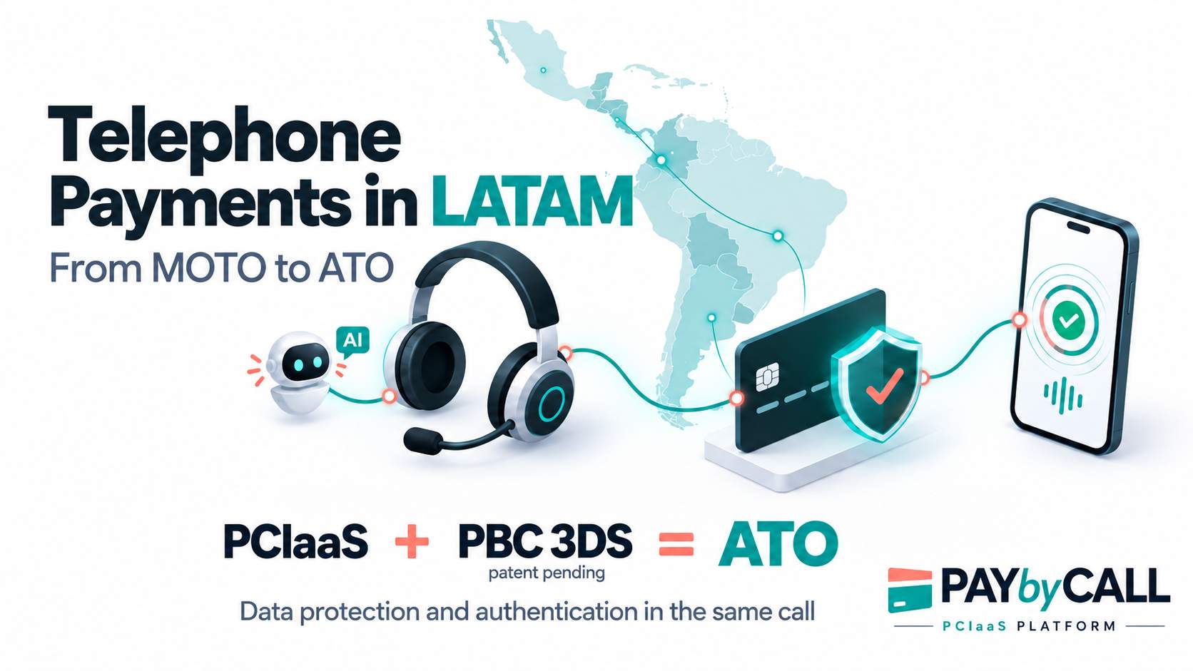 Map of Latin America with card, phone and 3D Secure authentication shield icons